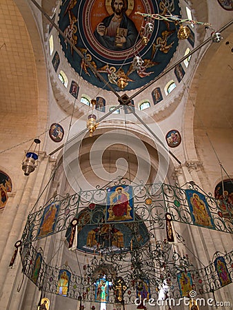 Sychar, Israel, July 11, 2015.: The interior of the church in Sychar with the image of Jesus with the Samaritan woman Editorial Stock Photo