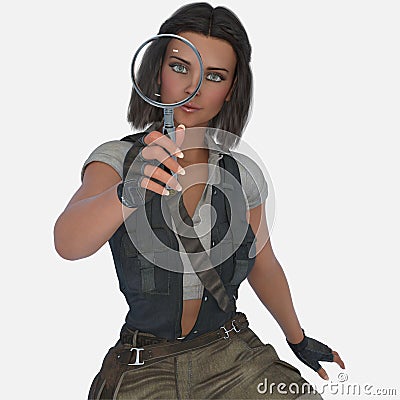 Close-up image of a beautiful brunette woman looking through a magnifying glass on an isolated white background Stock Photo