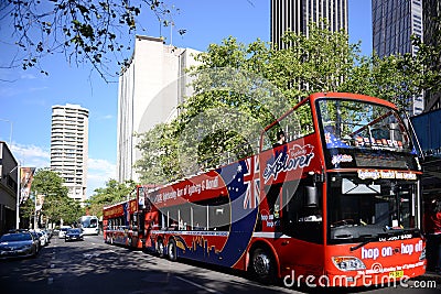 Sydney Australia city skyline tower blocks and tour bus Editorial Stock Photo