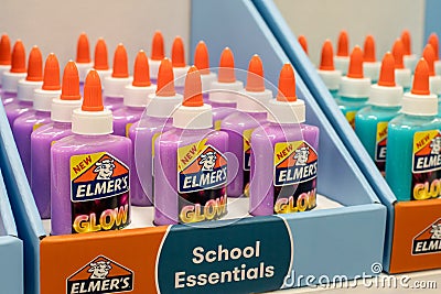 Elmers glow in the dark glue suitable for slime making on the shelf at the shop Editorial Stock Photo