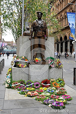 ANZAC memorial `Lest We Forget` of World War 1 soldiers, people paid tributes with flowers. Sydney Cenotaph at Martin Place Editorial Stock Photo