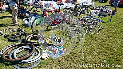 Bicycle spare parts for sale at Canterbury Velodrome in the annual event of bicycle Classic Bicycle show. Editorial Stock Photo