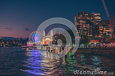 Sydney, Australia - 04 March 2023: Luna Park Sydney Face and Towers illuminated with colored light at night Editorial Stock Photo