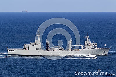 Cantabria A15 replenishment oiler ship operated by the Spanish Navy entering Sydney Harbor Editorial Stock Photo
