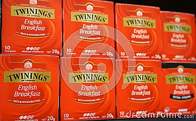 Display of Twinings English Breakfast tea 20g packs on a shelf in grocery store Editorial Stock Photo