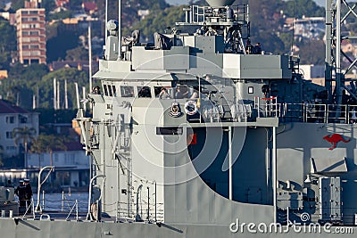 HMAS Darwin FFG 04 Adelaide-class guided-missile frigate of the Royal Australian Navy in Sydney Harbor Editorial Stock Photo