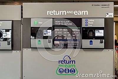 Sydney, Australia 2020-01-18. Return and Earn public return point for recycling. Reverse Vending Machine for refund and recycling Editorial Stock Photo