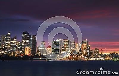 Sydney Opera House Australian iconic with city cbd and beautiful sunset color in sky Editorial Stock Photo