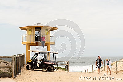 Surf life saving tower with the sign Beach closed at Wanda Beach, NSW Editorial Stock Photo