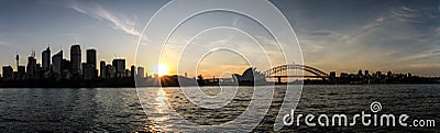 Panoramic view of Sydney city, opera house and harbour bridge sunset from Mrs Macquarie`Chair, Sydney, New South Wales, Australia Editorial Stock Photo