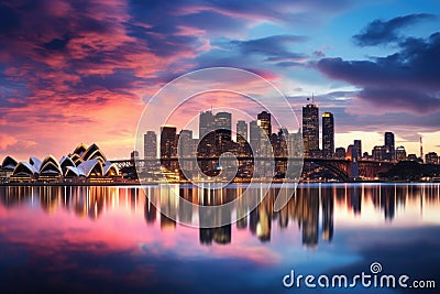 Sydney city skyline at sunset with reflection in water, Australia, Downtown Sydney skyline in Australia, AI Generated Stock Photo