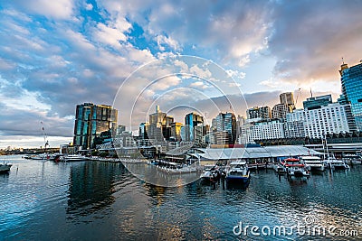 Sydney downtown skyline at Darling Harbor bay, business and recreational arcade, in Sydney, NSW, Australia at sunrise Editorial Stock Photo