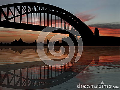 Sydney Harbour Bridge At Sunset Cartoon Illustration