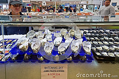 Sydney. New South Wales. Australia. The Fish Market. Batemans Bay Jumbo Pacific Oysters Editorial Stock Photo