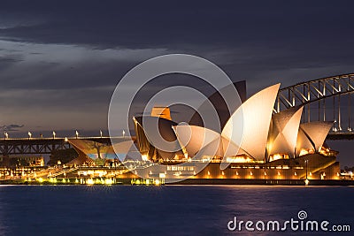 Sydney opera house at dusk. Iconic and world famous landmark of Editorial Stock Photo