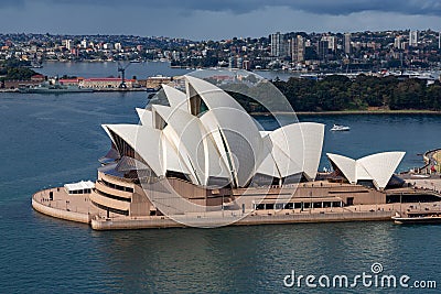 Sydney Opera House and ferry boats on a sunny day, view from the Harbour Bridge tower in Sydney Editorial Stock Photo