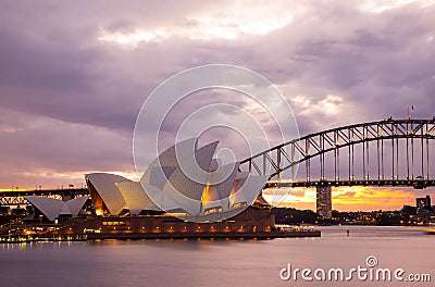 Sydney Opera House and the Harbour Bridge at dusk Editorial Stock Photo