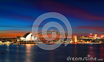 Sydney Opera House and Harbour Bridge at sundown Editorial Stock Photo