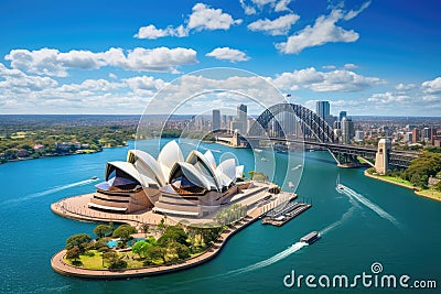 Sydney Opera House and Sydney Harbour Bridge in a beautiful summer day, Australia, Sydney, Australia. Landscape aerial view of Stock Photo