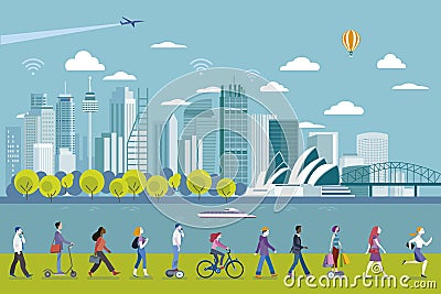 Sydney panoramic skyline Cartoon Illustration