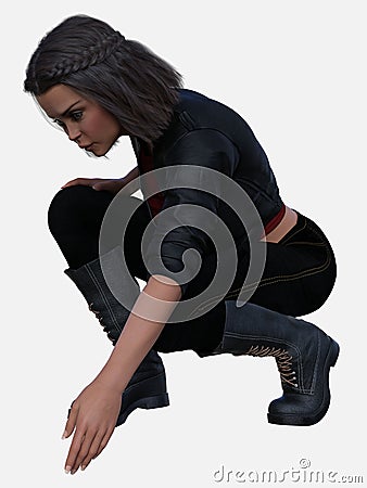 Beautiful young brunette woman crouching and picking something up off the floor on an isolated white background Stock Photo