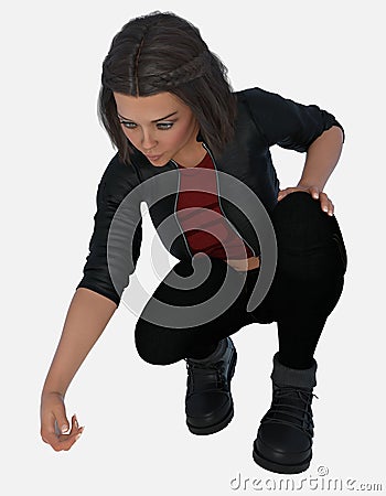 Beautiful young brunette woman crouching and picking something up off the floor on an isolated white background Stock Photo