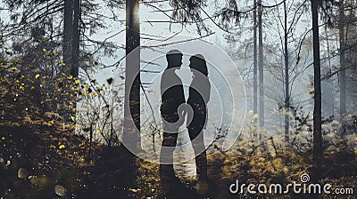 Sylvan Serenity: Couple's Silhouette with Forest Vacation Double Exposure Stock Photo