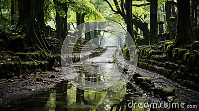 Sylvan Serenity: A Tranquil Green Forest Path Stock Photo