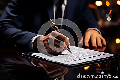 Symbol of accord Close up of businessmans contract signature marks binding agreement Stock Photo