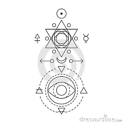 Symbol of alchemy and sacred geometry. Linear character illustration for lines tattoo on the white isolated background Vector Illustration