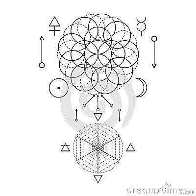 Symbol of alchemy and sacred geometry. Three primes: spirit, soul, body and 4 basic elements: Earth, Water, Air, Fire Vector Illustration