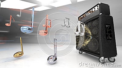 Big electric guitar amplifier in a white illuminated studio, metal musical notes. Stock Photo