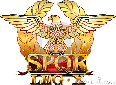 Symbol of the ancient Roman Empire with an eagle and the Latin abbreviation SPQR on a burgundy background. Stock Photo