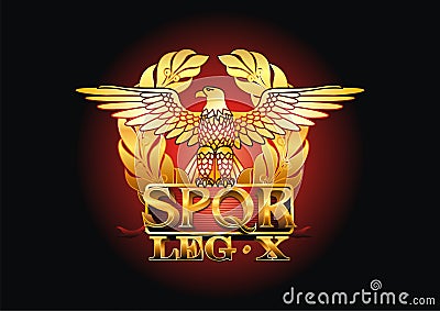 Symbol of the ancient Roman Empire with an eagle and the Latin abbreviation SPQR on a burgundy background. Stock Photo