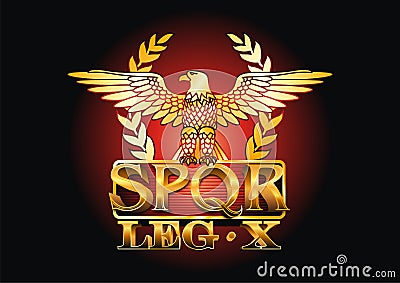 Symbol of the ancient Roman Empire with an eagle and the Latin abbreviation SPQR on a burgundy background. Stock Photo