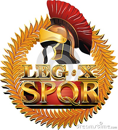 The symbol of the ancient Roman Empire with the helmet of the legionnaire and the Latin abbreviation SPQR on a burgundy background Stock Photo