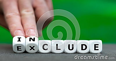 Symbol for a better inclusion. Hand turns dice and changes the word exclude to include Stock Photo