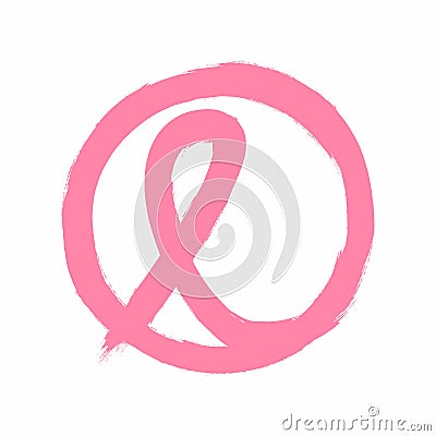 Symbol of Breast Cancer Awareness Month painted with watercolour brush. Grunge pink ribbon in round frame. Vector Illustration