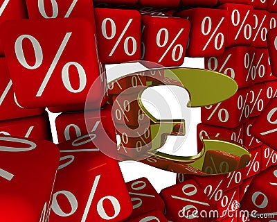 The symbol of the British pound sterling breaks the wall of percentages Stock Photo