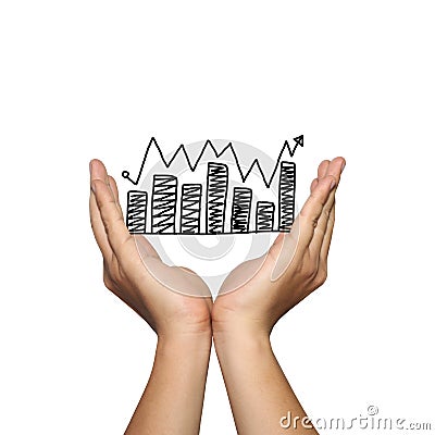 Symbol of business bar graph growing trend on man hand. Stock Photo