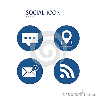 Symbol of Chat, Location pointer, Email message and Wifi icons on blue circle shape isolated on white background. Vector Illustration