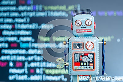Symbol for a chatbot or social bot and algorithms, program code in the background Stock Photo