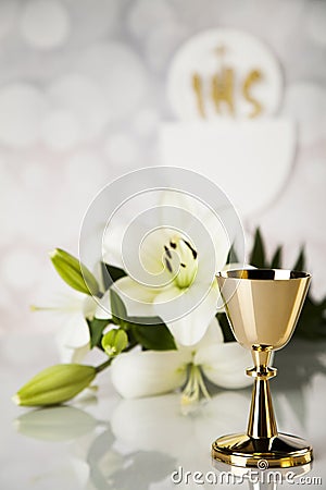 Symbol christianity religion a golden chalice with grapes and br Stock Photo