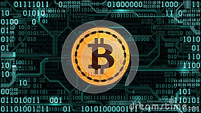 Symbol of crypto currency bitcoin on the background of binary code and printed circuit board Vector Illustration