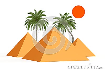 Symbol of Egypt Concept. Pyramids, Palm Trees and Sun. 3d Rendering Stock Photo