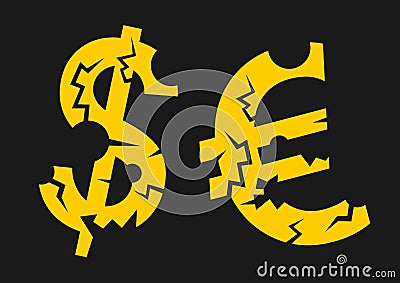 Symbol of Euro and US Dollar with cracks and holes Vector Illustration