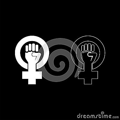 Symbol of feminism movement Gender women resist Fist hand in round and cross icon outline set white color vector illustration Vector Illustration