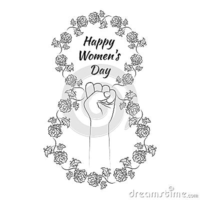 The symbol of feminism raised his fist. Number eight made from flowers. Happy Women`s Day. Black line drawing. Vector Illustration