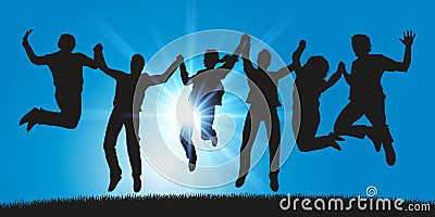 A group of young people jumps for joy holding hands Stock Photo