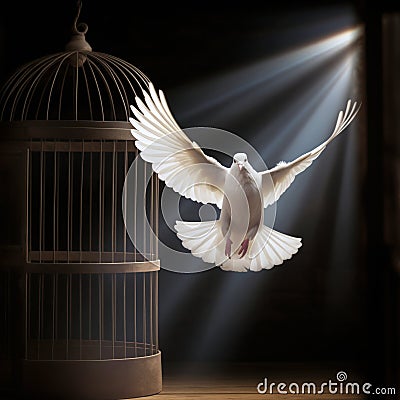 Symbol of freedom, a white dove with outstretched wings flies towards the light, leaving behind an open birdcage Stock Photo